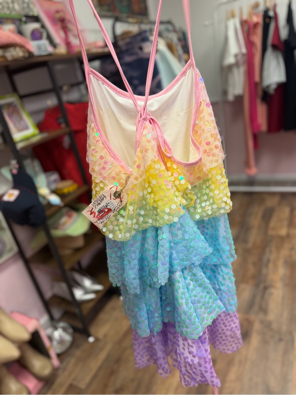 Rainbow Sequin Tiered Ruffle Mini Dress - Picture 5 of 8